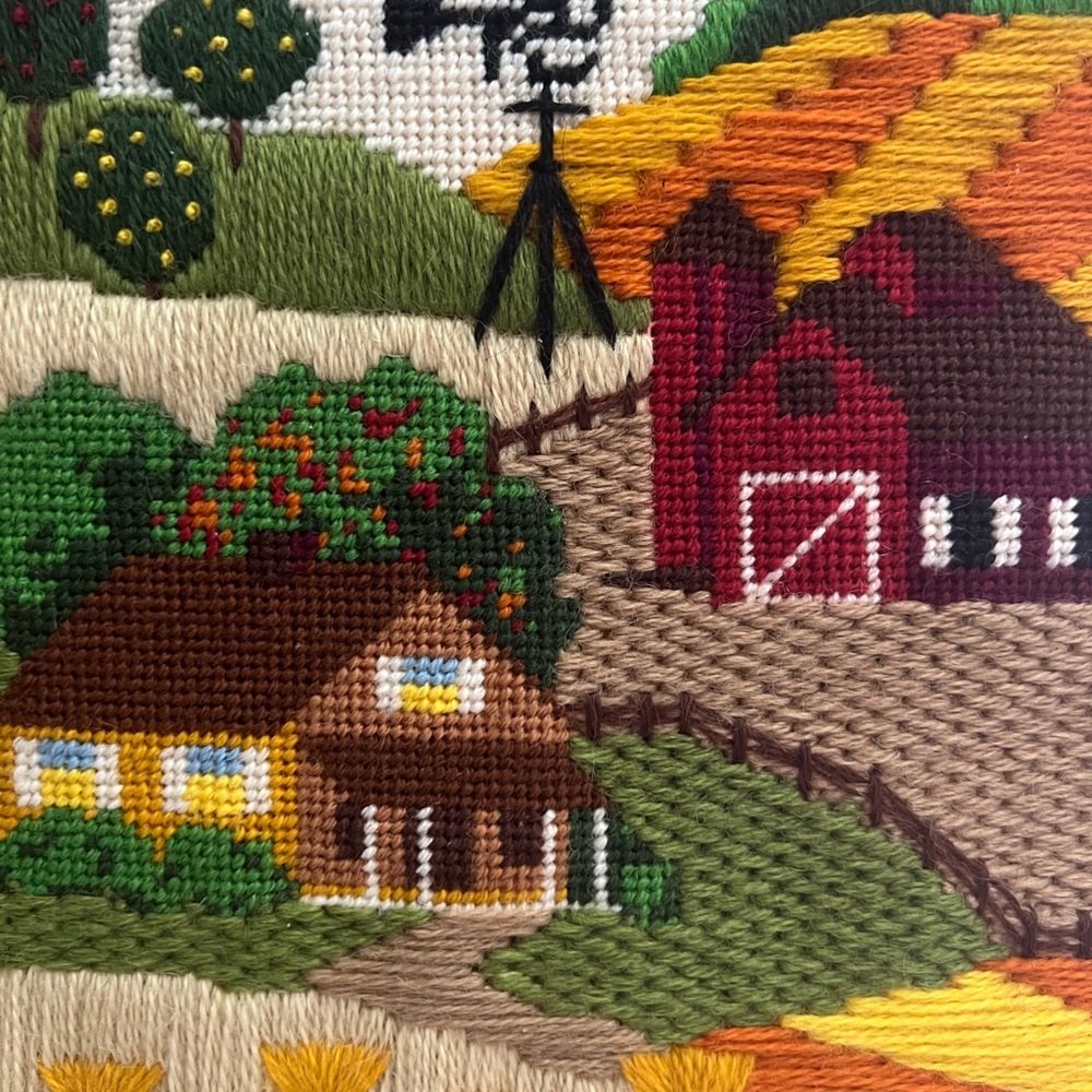 Vintage 90s Artisan Needlepoint Framed Farmhouse Scene - Picture 2 of 16